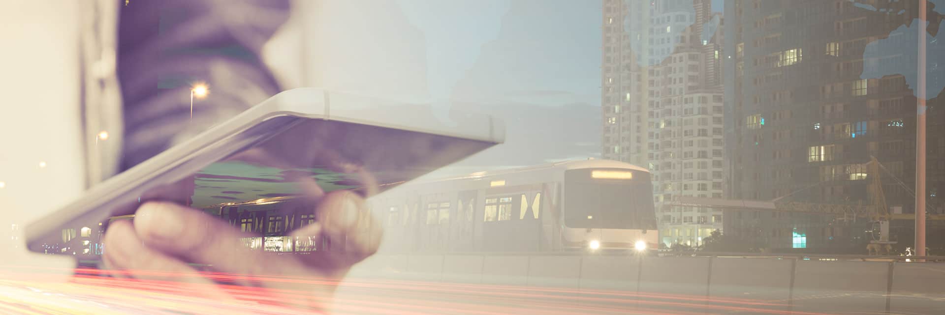 man using cell phone - city background
