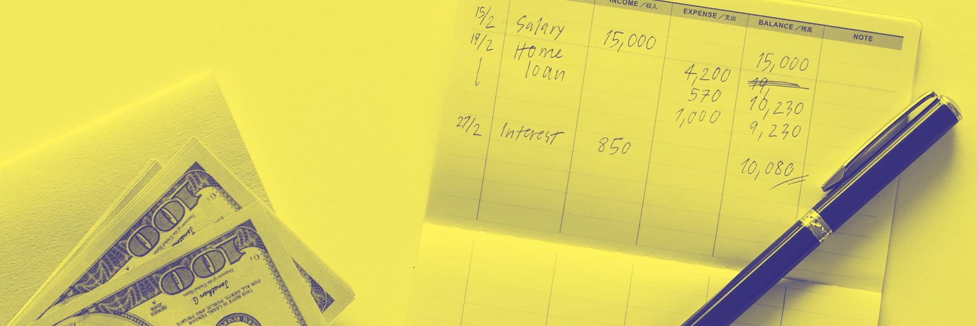 yellow image of $100 dollar bills with pen and budget sheet